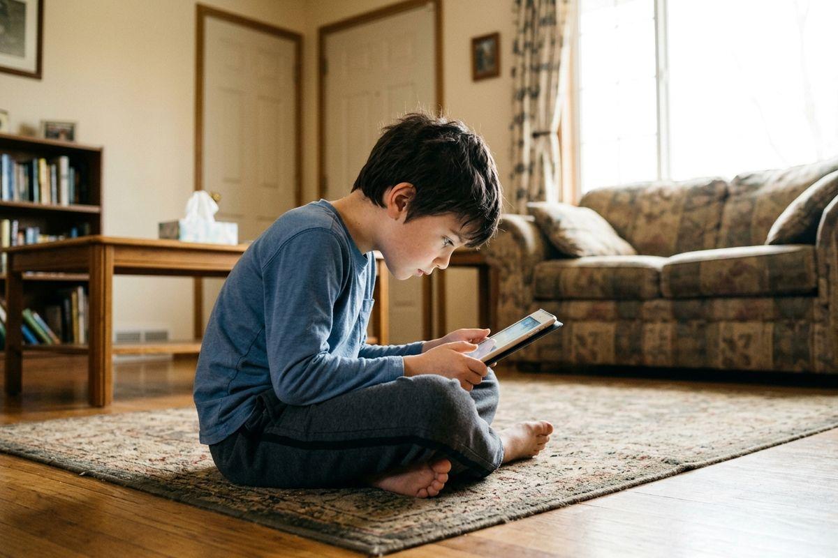 Child sits cross-legged barefoot on a living room rug, focused on a tablet, with a couch, window and bookshelf nearby.