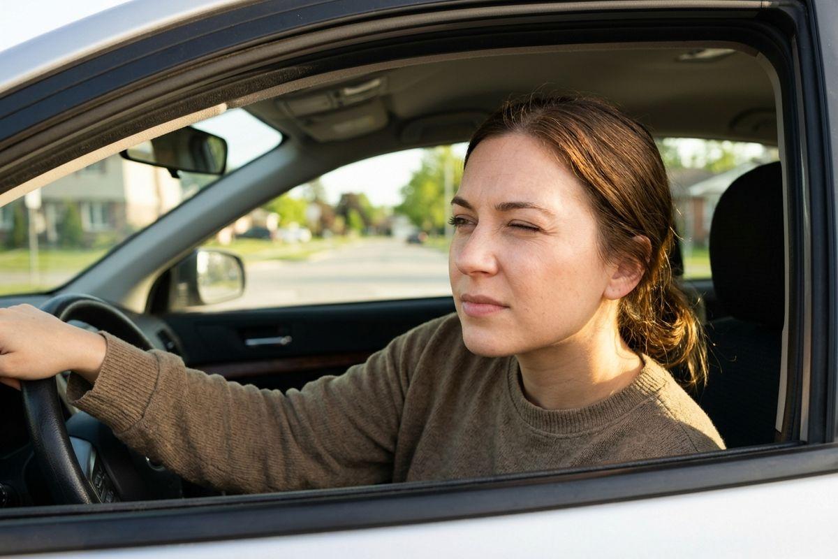 Person sitting in a car's driver seat with hand on the steering wheel, squinting one eye, seen through the open side window.