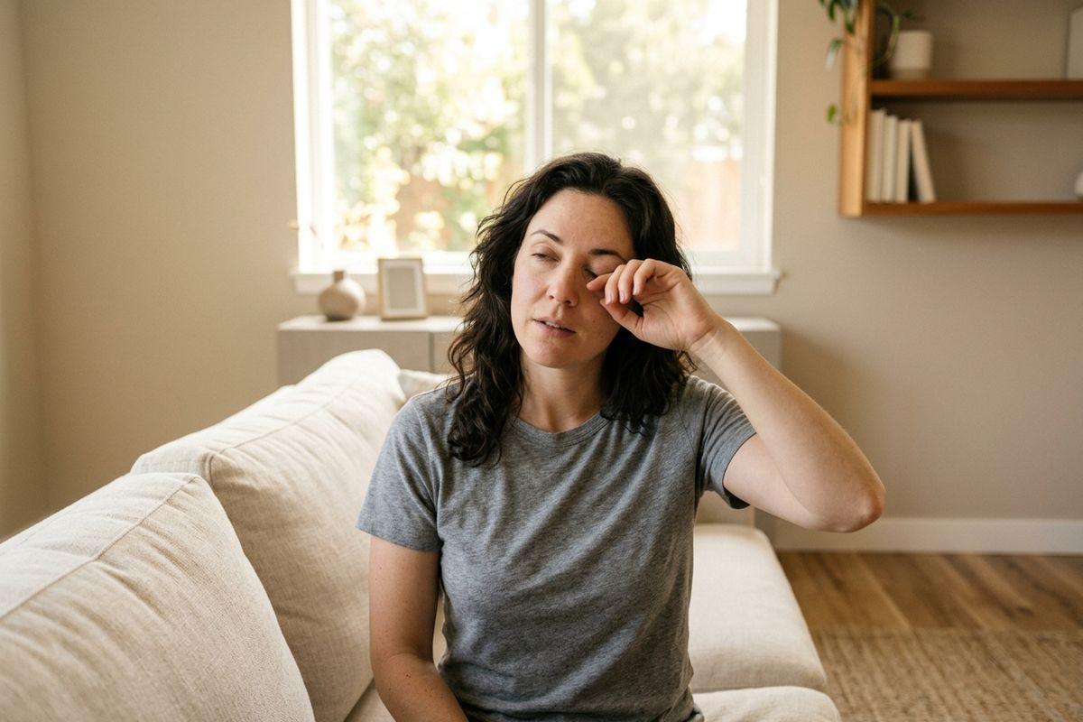 Adult sitting on a sofa rubbing one eye with fingers, eyes closed, in a bright living room with a window behind them.