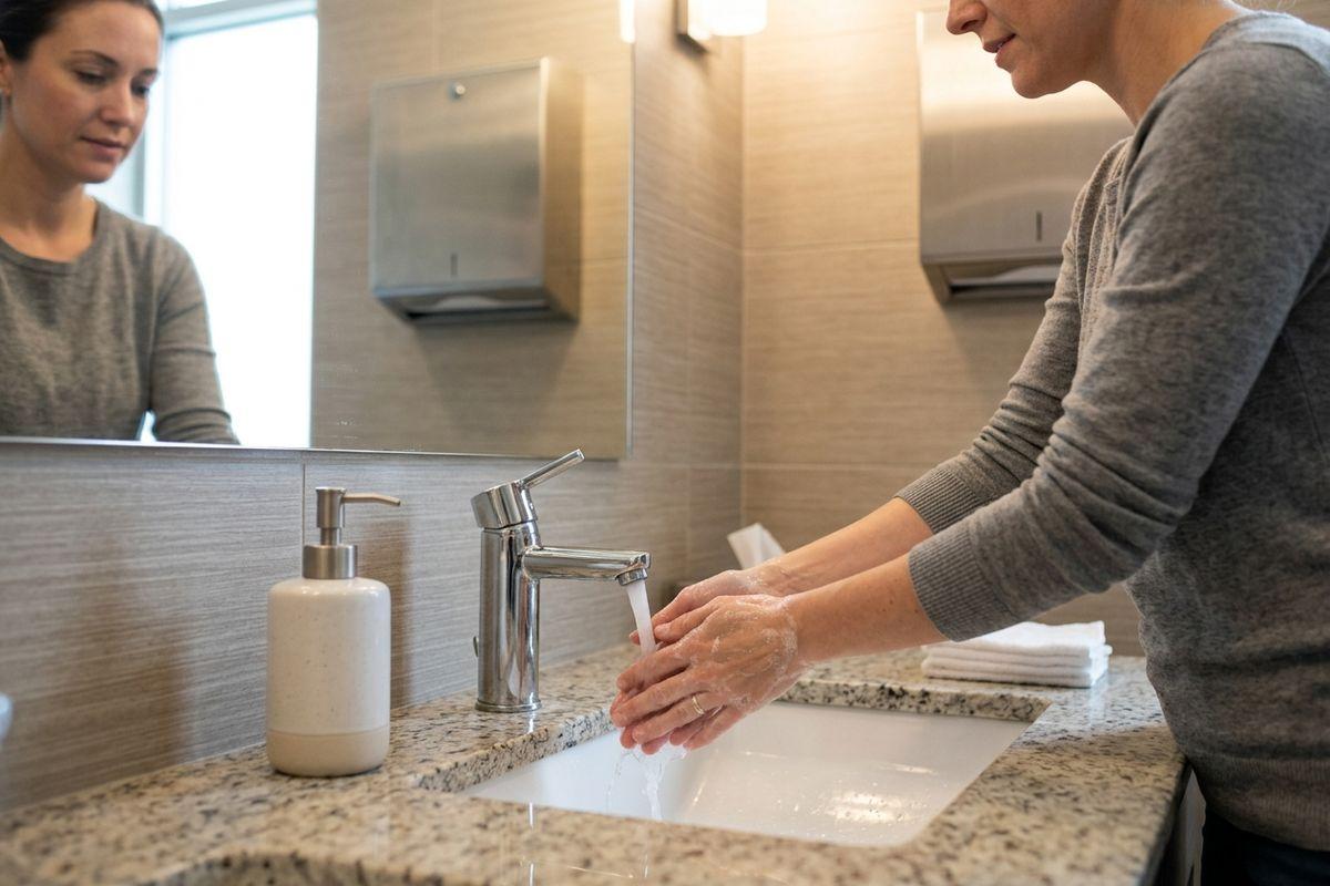 Adult washing soapy hands under running faucet at a granite bathroom sink, with a soap dispenser and folded towels nearby.